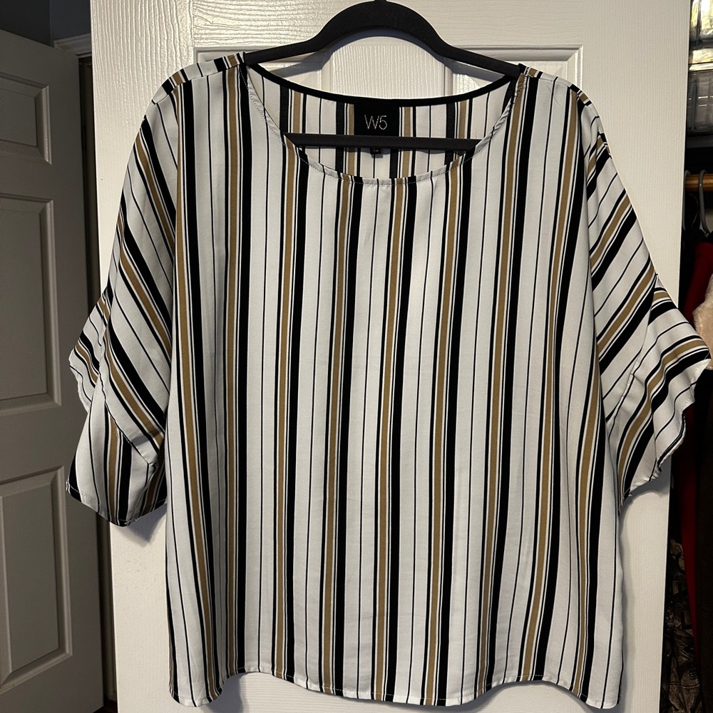W5 Women's Black, White, and Gold Striped Blouse